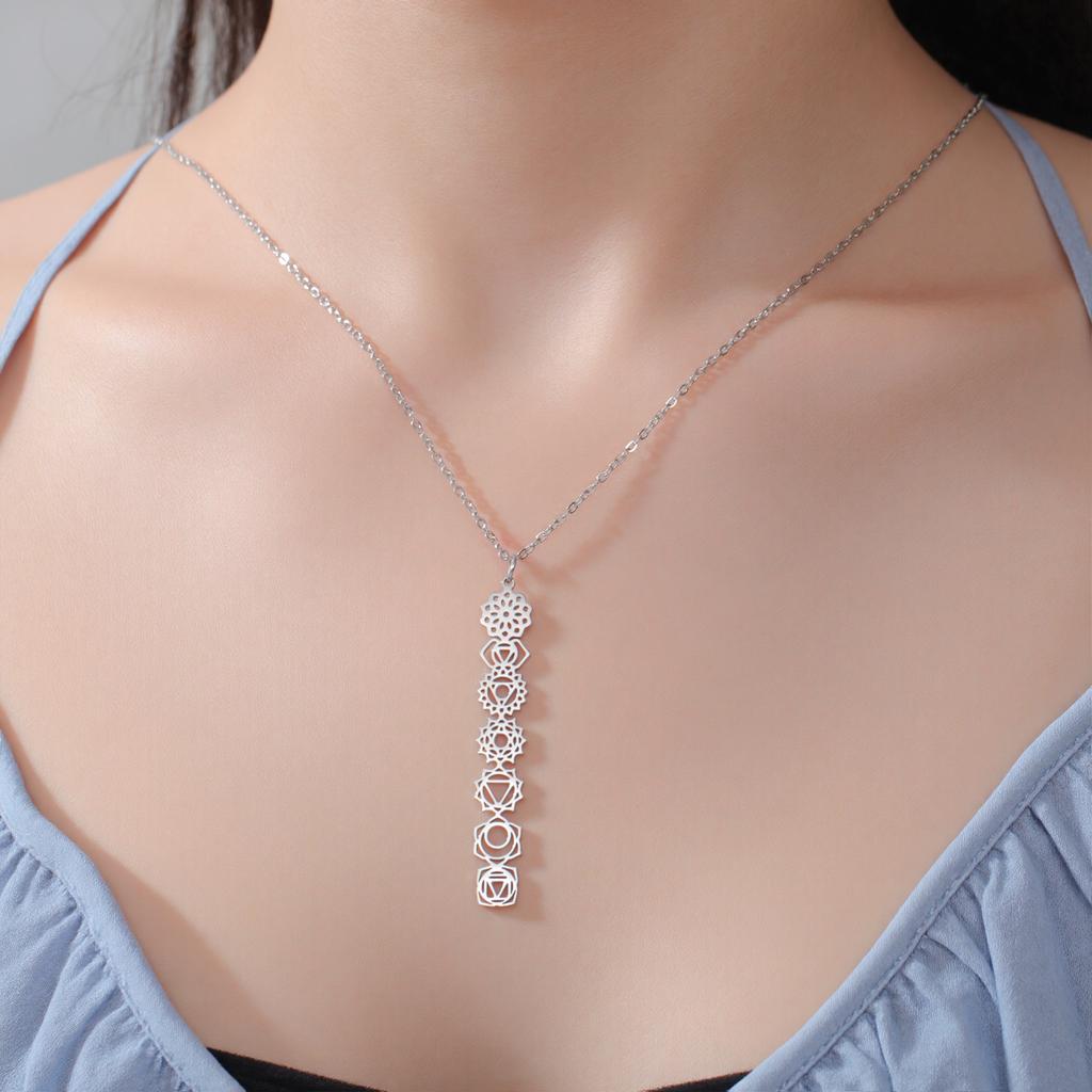 7 Chakra Pendant Necklaces for Women Stainless Steel Gold Sweater Chain Amulet Yoga Meditation Jewelry