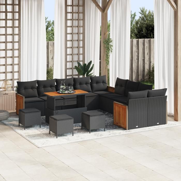 Ensemble de canapé de jardin de 14 pièces avec coussins noir en rotin synthétique, Ensemble de salle à manger de jardin de 4 3365319