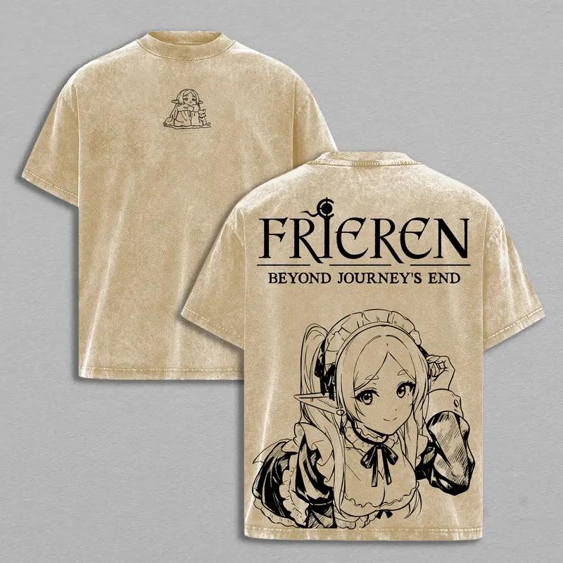 Frieren Beyond Journey's End Printed Tee Men Women Washed Cotton T-shirts Manga Retro T Shirt Harajuku Male Short Sleeve Tshirt
