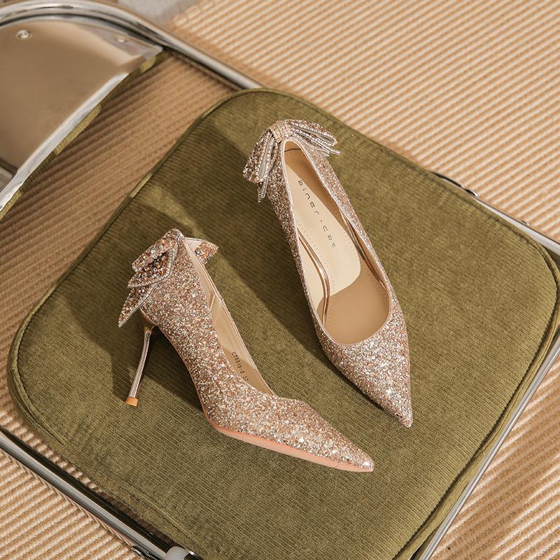 819-10 High Heels Women's Spring 2025 New Pointed Crystal Wedding Shoes Sequined Bow Stiletto Shoes