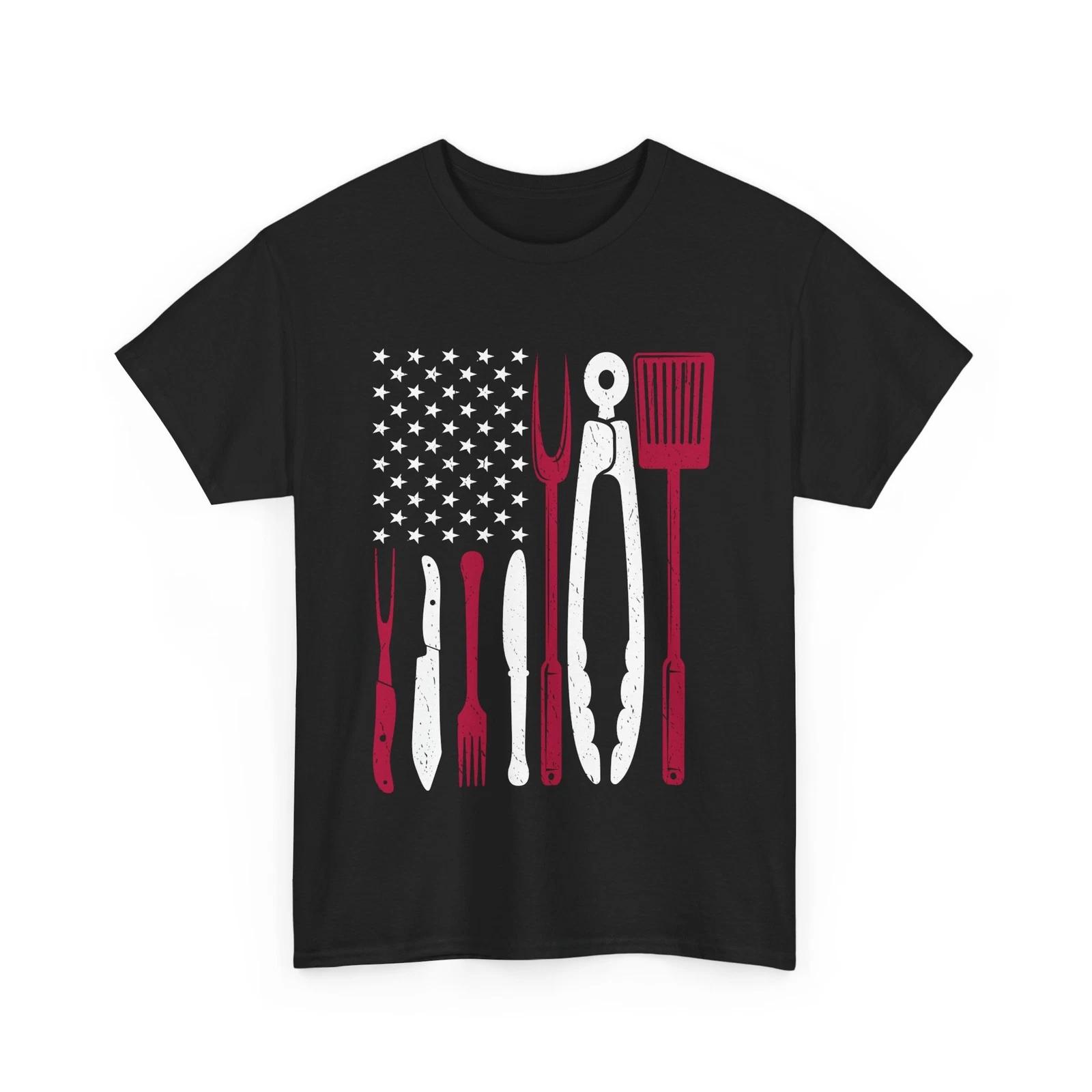 BBQ Shirt, Barbecue Smoking Lovers T-shirt, BBQ American Flag Shirt L
