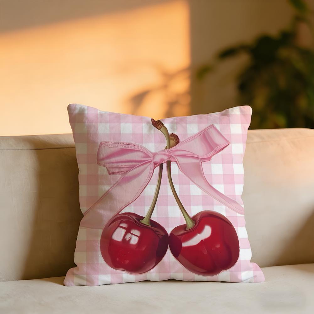 Beautiful Pink Bow Cherry Cushion Cover Cozy Velvet Throw PillowSoft Warm Cushion For Sofa Bed