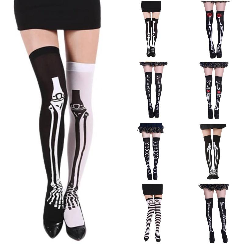 Skeleton Halloween Silk Stockings Woman Black Knee High Socks Ghost Props House