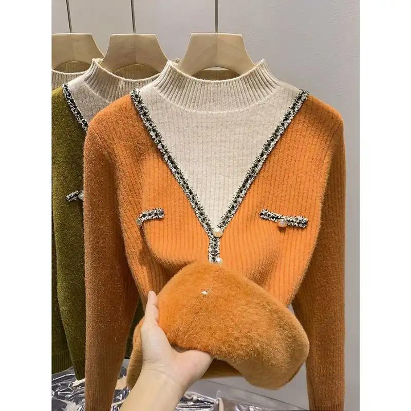 Pullover für Damen Herbst Winter Verdickter Pullover Warm Gestrickt Gestreift Basisschicht Dehnbar Langarm Oversize Jumper Tops