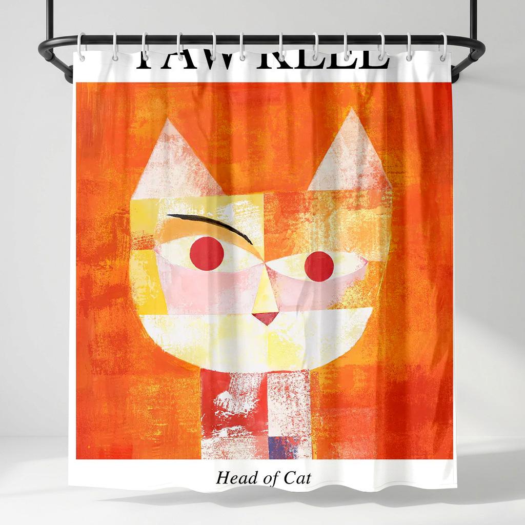

Paul Klee Style Head Of Cat Shower Curtain, Abstract Geometric Ginger Cat Art Bath Decor, Modern Artistic Bathroom Accessory W60H190(CM)-1 Pcs