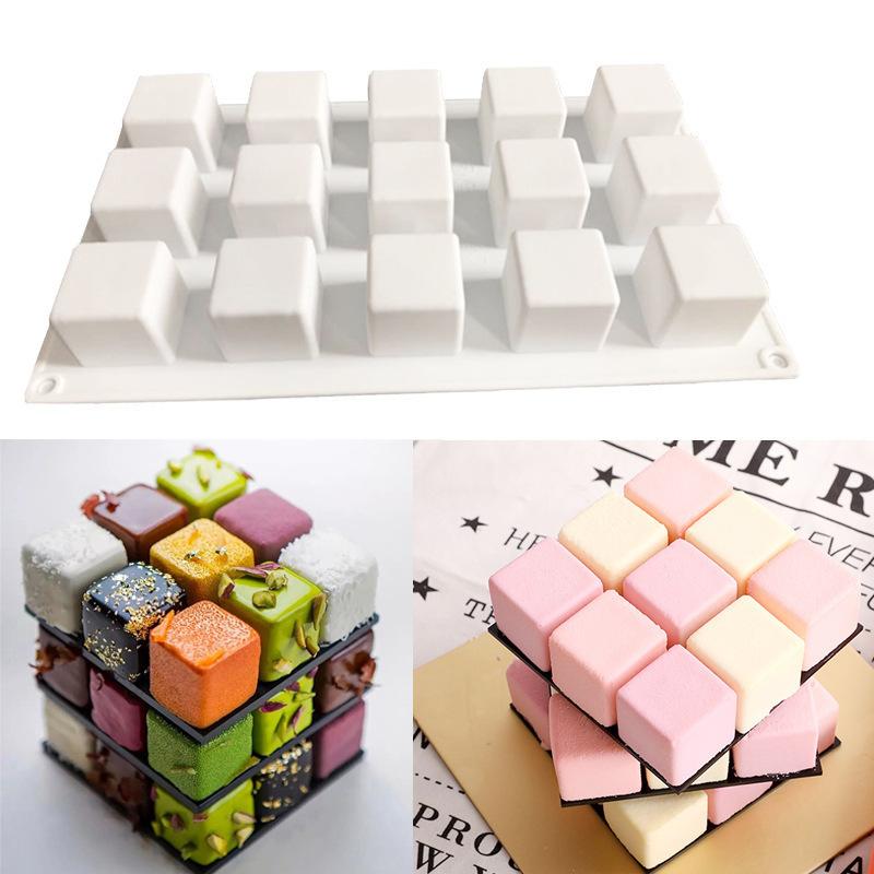 

15-Cavity Square Silicone Mold - 3D Rubik s Cube Mousse Pudding Jelly Ice Cube Candle Baking Tool белый