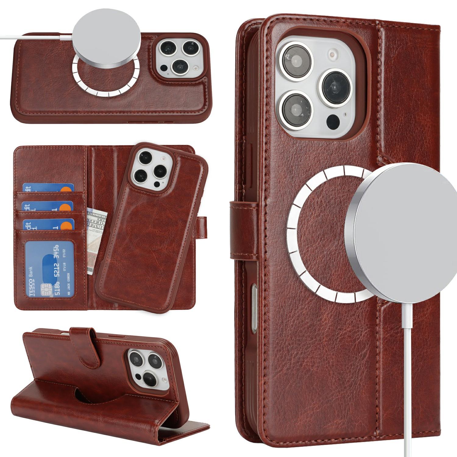 

For iPhone 16 Pro Wallet Case Compatible with MagSafe Anti-Drop Detachable PU Leather Phone Cover Dark Brown