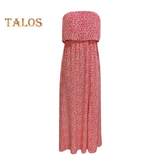

Женское летнее платье макси с открытыми плечами, без бретелек, топ-труба, А-силуэт, длинное платье с разрезом, летнее пляжное платье в стиле бохо с цветочным принтом S красный