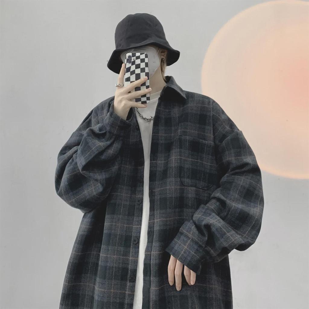 Men's Long-Sleeve Plaid Jacket - 2023 Spring/Autumn Hong Kong Style, Japanese-Inspired Workwear Shirt