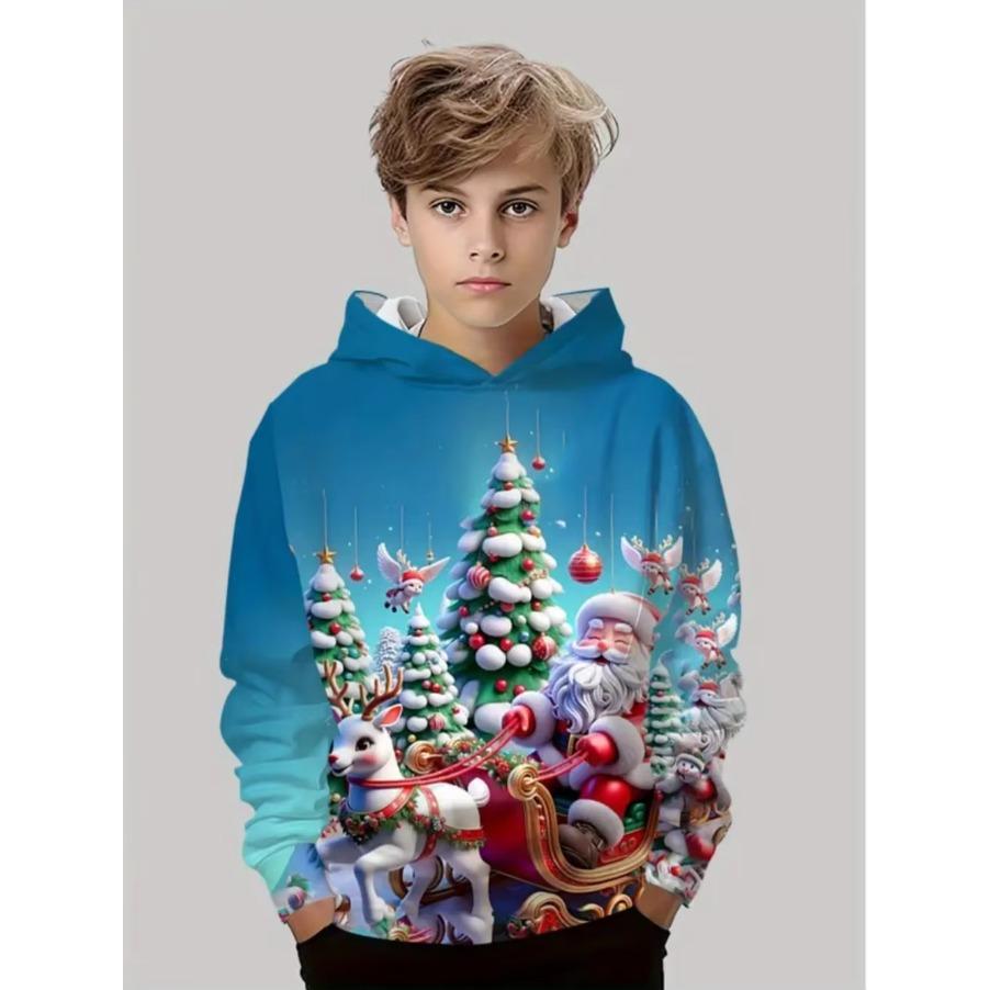 Sudadera con capucha navideña para niños Estampado de Papá Noel Sudadera de moda de dibujos animados para niño niña Ropa infantil para fiesta navideña