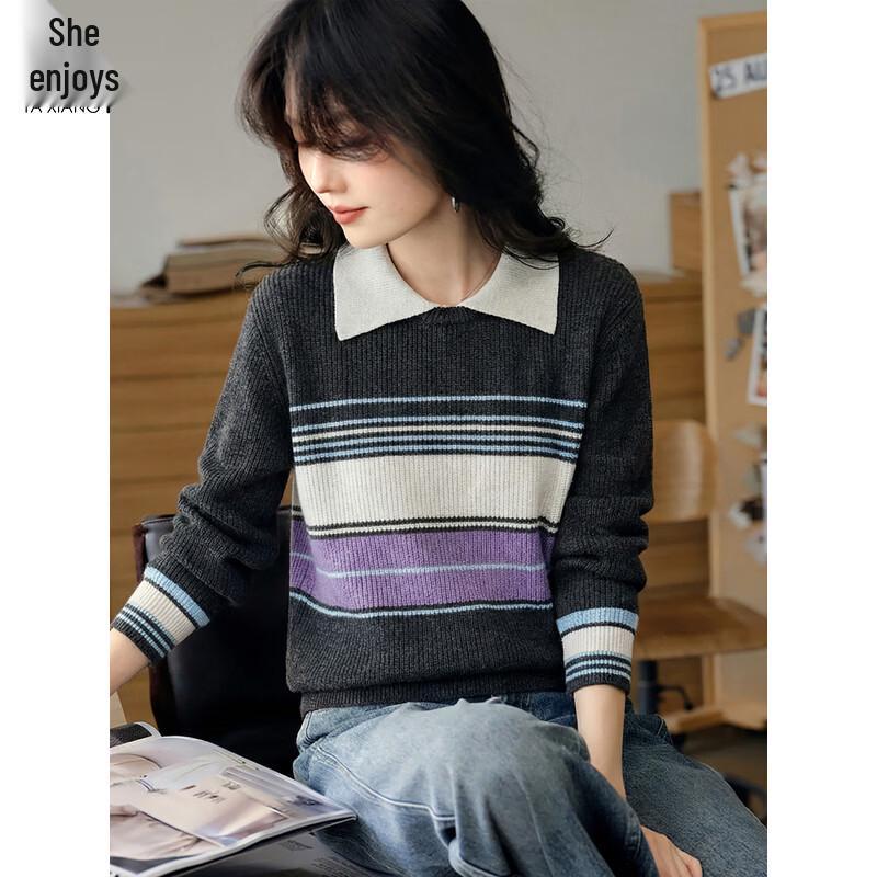 Women's Doll Collar Striped Knit Sweater