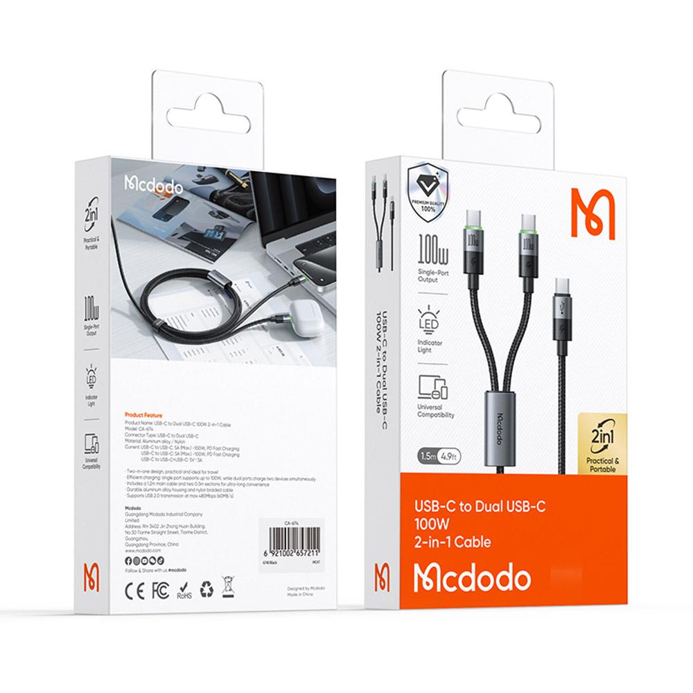 MCDODO CA-6740 2-in-1 USB-C Cable 100W Fast Charging Dual Type-C Ports Braided Cord 1.5m for Multiple Devices