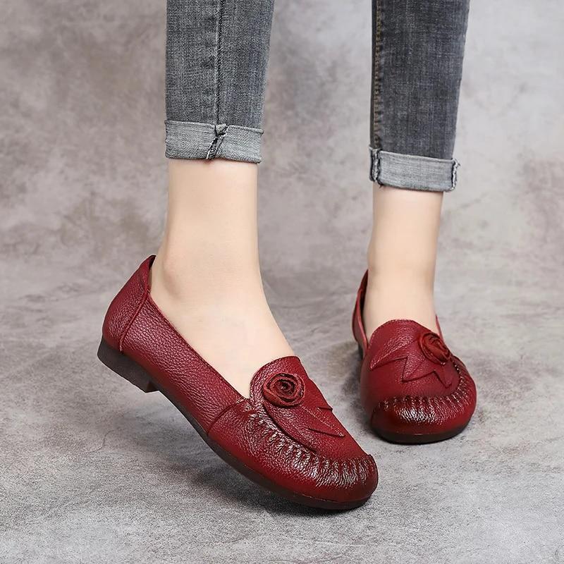 Spring Summer Ethnic Style Genuine Leather Shoes Women&Amp;#39;S Flat Soft Comfortable Slip On Loafers Flower Mother Shoe