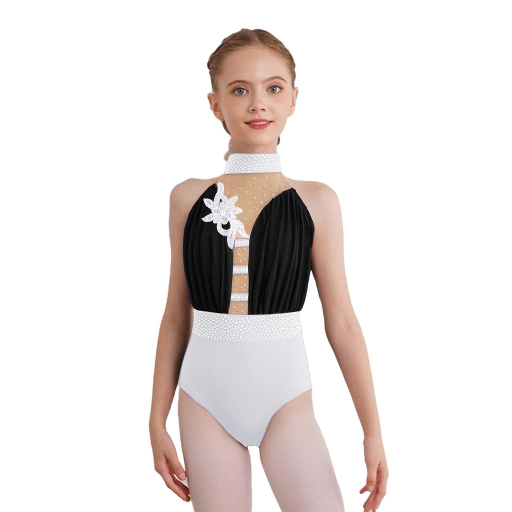 Dívčí trikot bez rukávů Třpytivé kamínky Síťovaná patchworková barevná bloková gymnastika krasobruslení Kostým