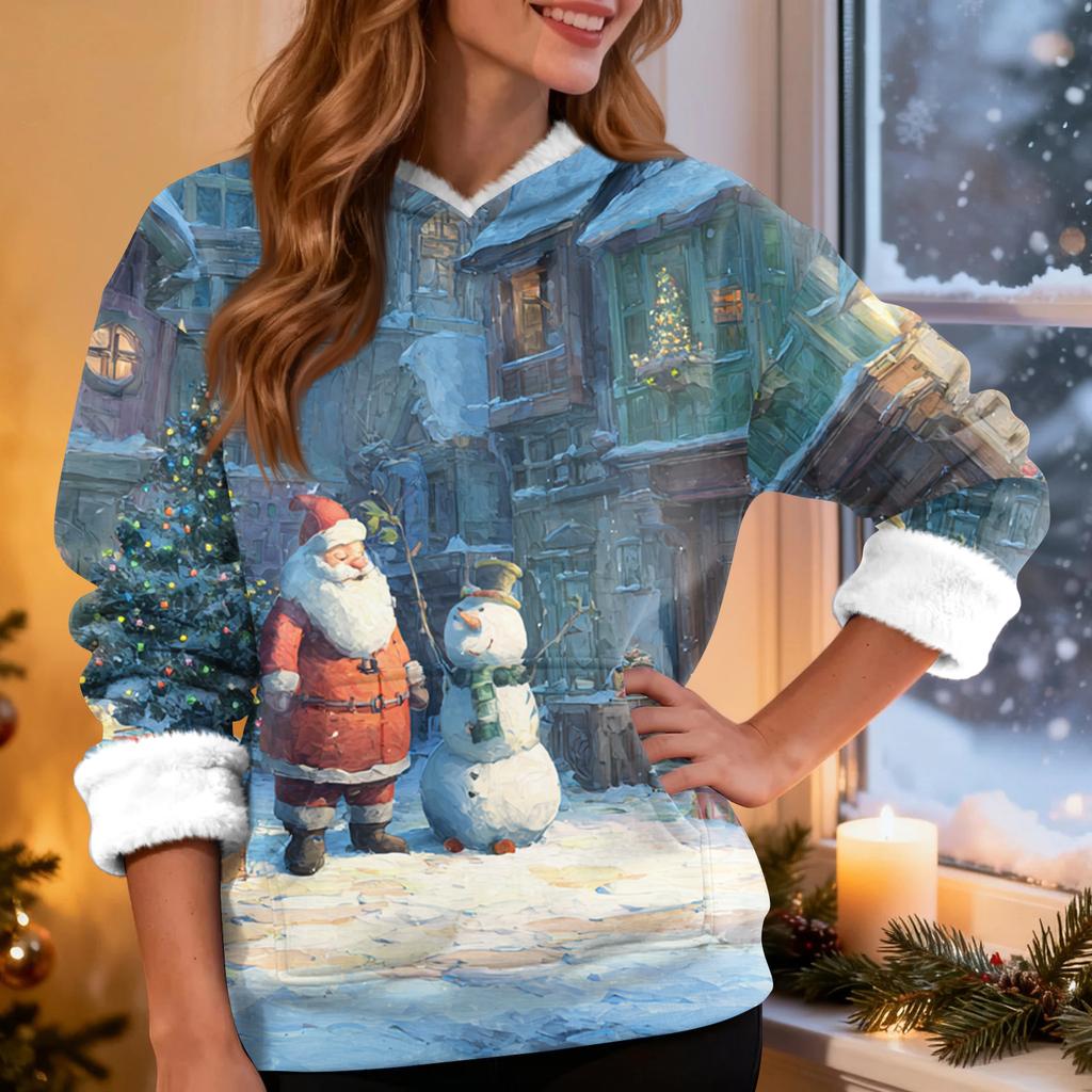 Dame Casual Mote Pluss Fløyel Fortykket Juleprint Hettegenser