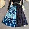 Vintage Elegant  O Neck Print  Pleated Long Sleeve Knit Dress A-line Casual Women Fashion High Waist Summer Spring