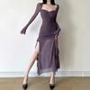 Autumn Women's Solid Color Slim-fit High-waisted Fashion Square Collar Long Sleeve Gauze Dress