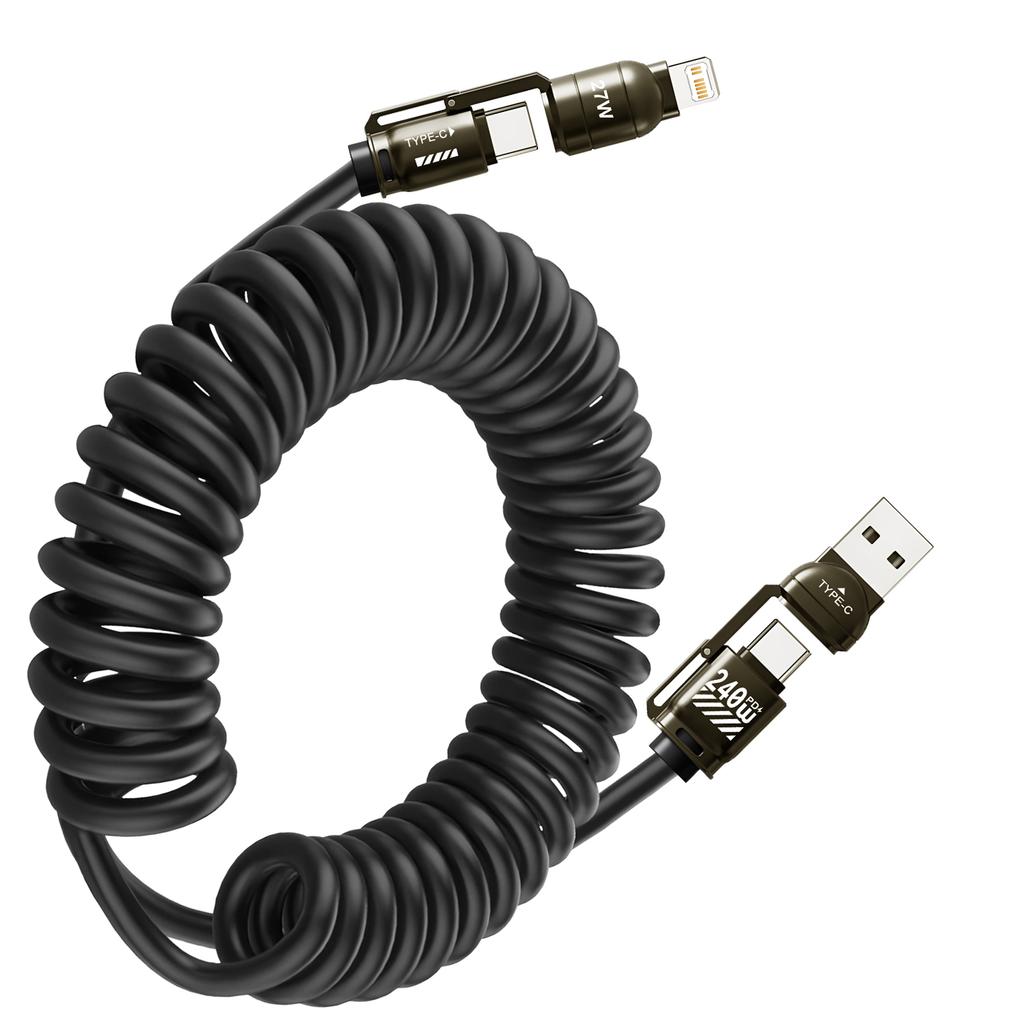 240W USB To Type C Fast Charging Cable 4 In1 Car Spring Data Cable for Iphone15 16 17 Pro Max Xiaomi 17 Samsung