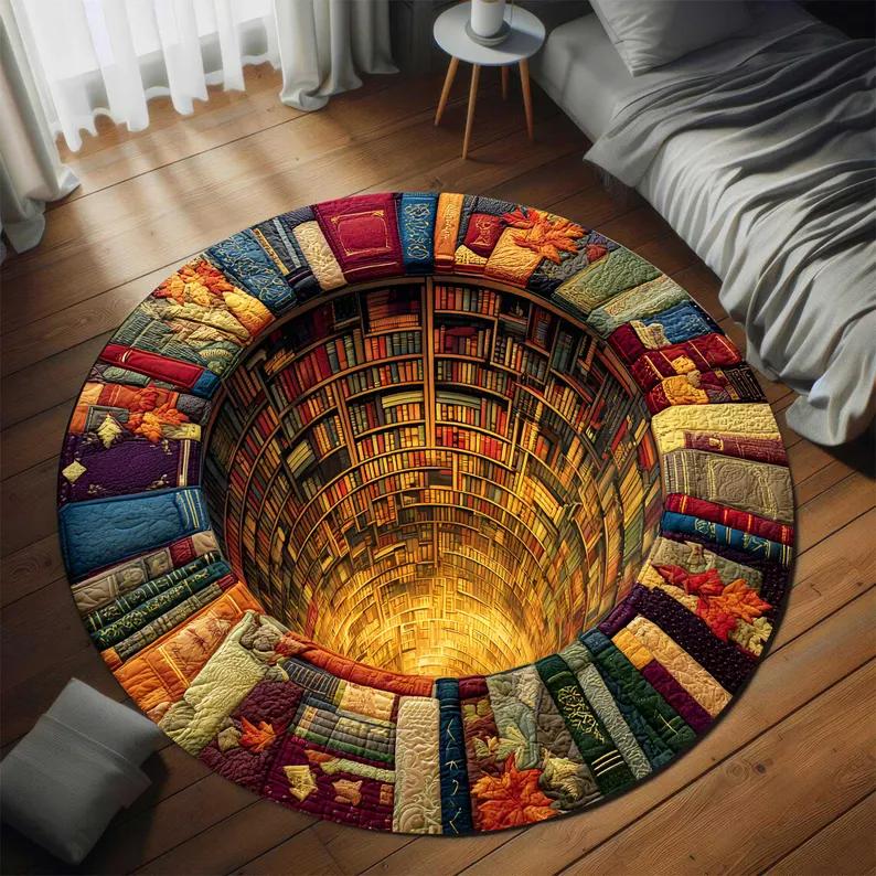 

Library Books Round Rug Mat Trippy Book Hole Carpet Colorful Reading Nook Decor Round Floor Mat for Living Room Book Room Decor 60cmx60cm