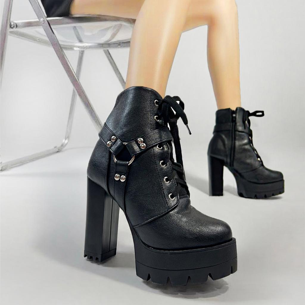 FOREADA Damen Stiefeletten Runde Zehenpartie Dicke Hohe Absätze Metalldekoration Plateau Reißverschluss Kurze Stiefel Damen Modeschuhe Herbst Winter