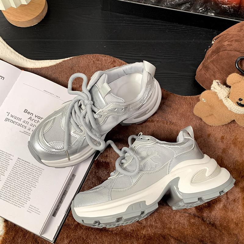 Trendy American popular white platform dad shoes women's 2025 new spring versatile height-increasing lightweight sports shoes