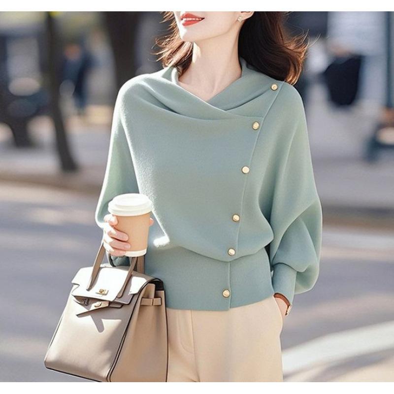 

Spring and Autumn new models wear beautiful loose belly and thin neck long-sleeved knitted sweater for women One Size озеро синий