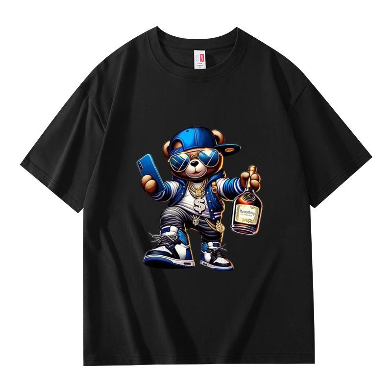 Men's Summer 100% Cotton Fashionable Casual Loose Large Size Cartoon Bear Printed Sports Round Neck Short Sleeve T-shirt Top