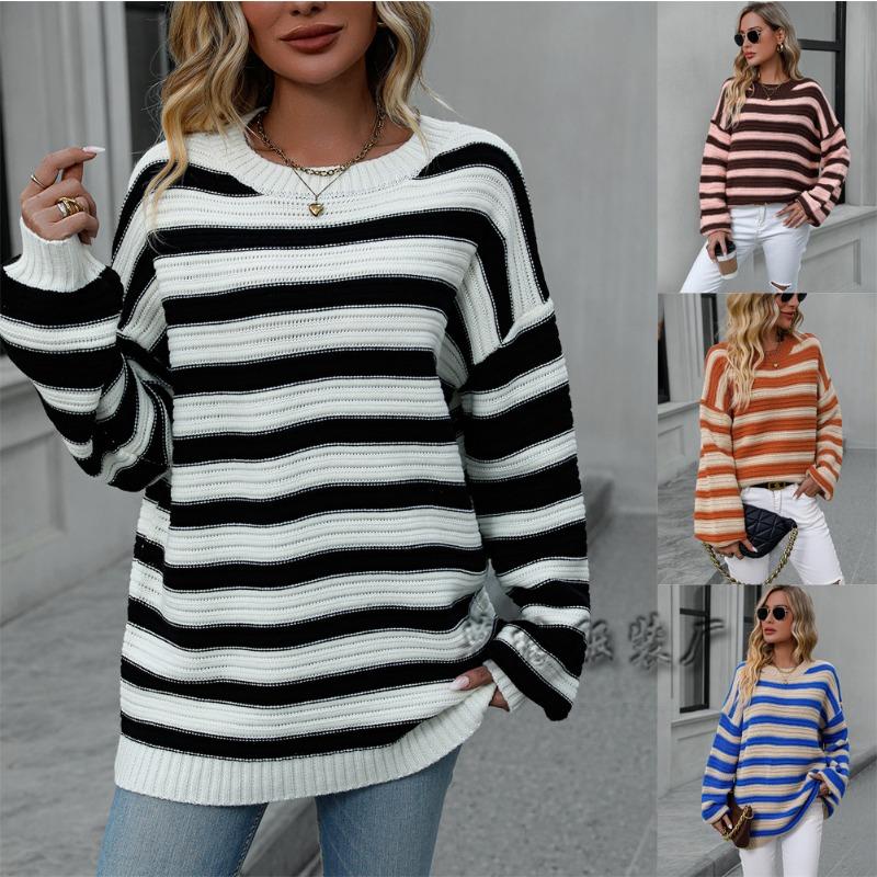 

Женский полосатый свитер с круглым вырезом, свитер-пуловер S кофейный
