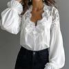 T-shirts Respirants Col en V Coupe Droite Manches Lanterne Blouse Hauts Élégants avec Inserts en Dentelle Dame