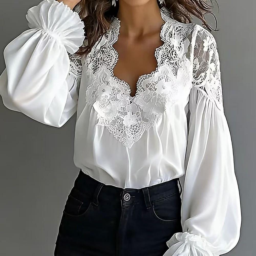 T-shirts Respirants Col en V Coupe Droite Manches Lanterne Blouse Hauts Élégants avec Inserts en Dentelle Dame