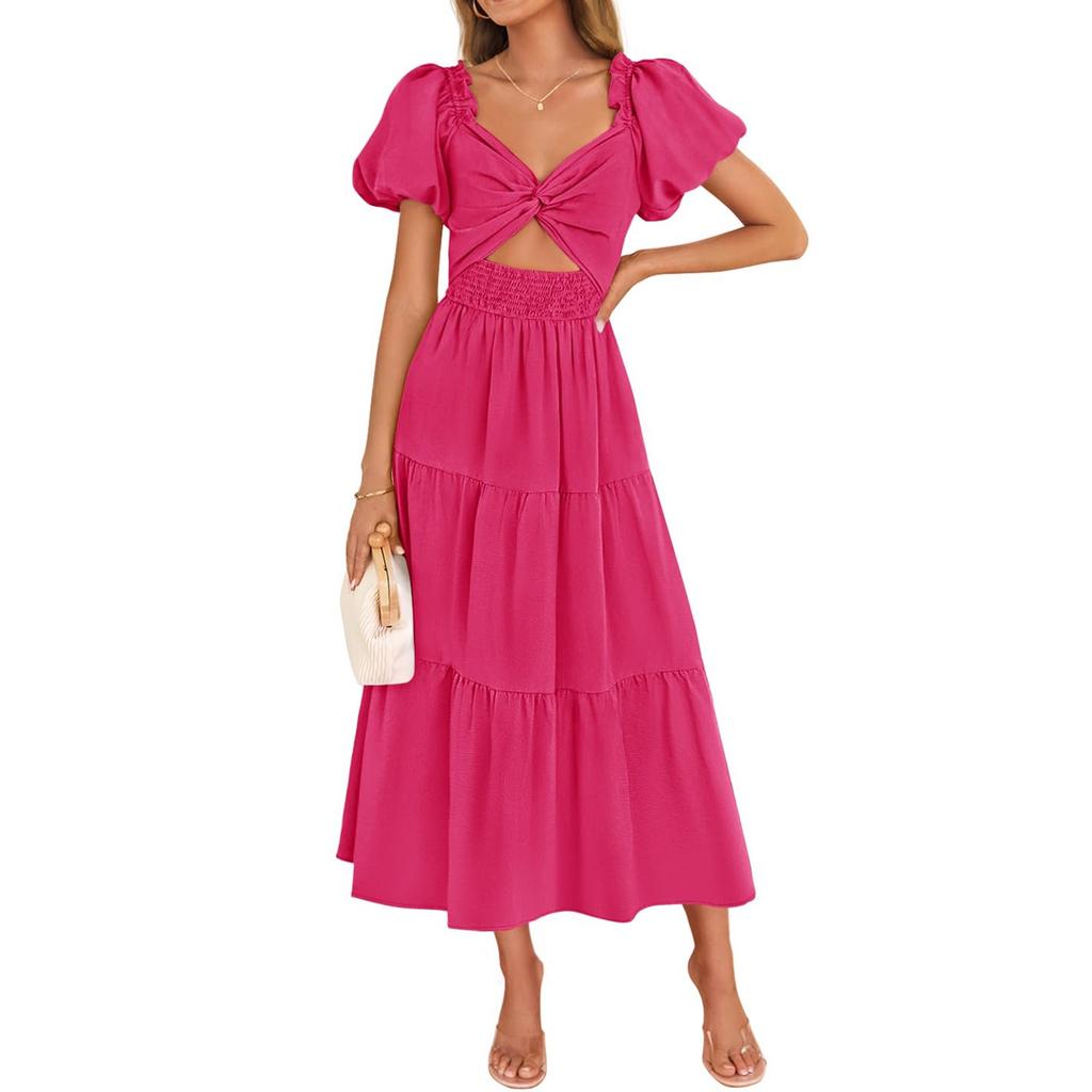 Women's Fashion Bohemian Wrap Short Bubble Sleeve A-Line Beach Long Dresses