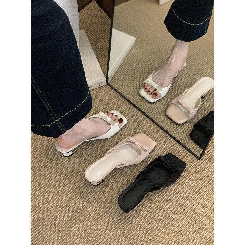 High heels French square head one-word slippers women's outer wear 2025 new summer temperament bow sandals