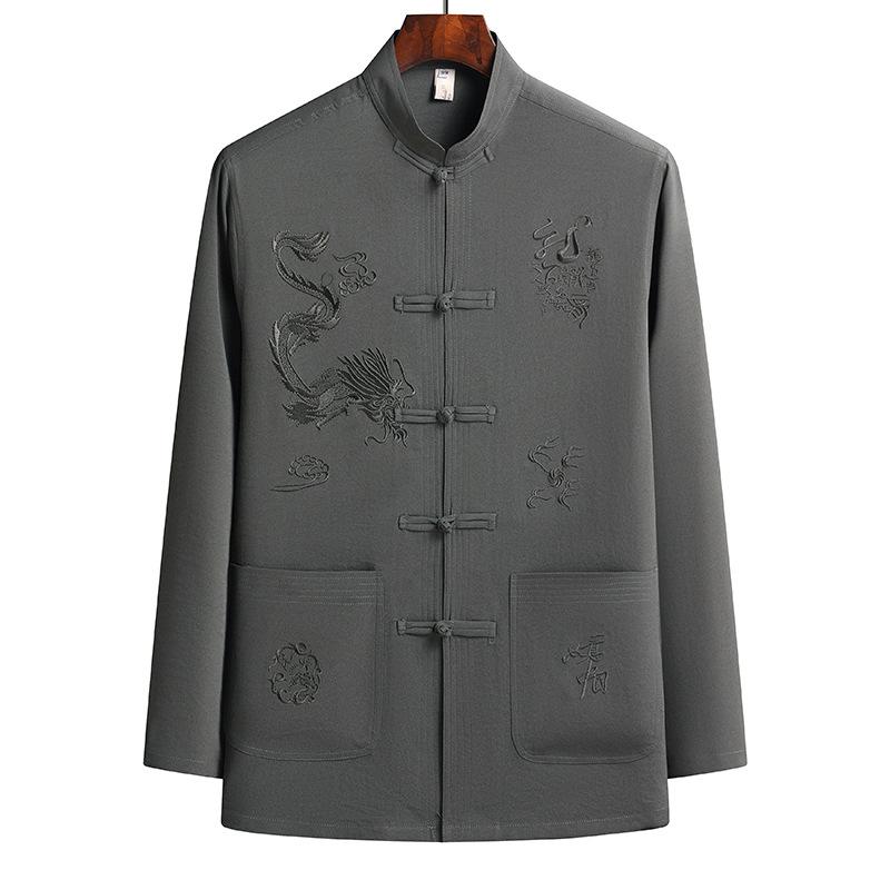 Chinese Style Embroidered Tang Suit Tops Men's Practice Clothes Morning Exercises Chinese Style Disc Buckle Atmosphere Solid Color Embroidered Tops