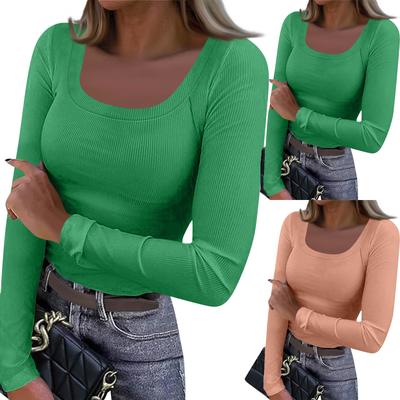 Camiseta Feminina de Inverno Slim Moda Casual Cor Sólida Gola O Pulôver Manga Longa