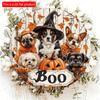 2D Flach 20*20cm, Halloween Heimdekoration mit hölzernen kreisförmigen kreativen Logos mit Zauberern, Hunden und Kürbissen, für Zuhause, Garten, Küche