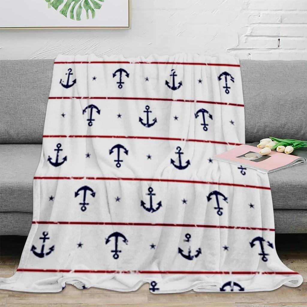 Nautical Blue Anchor Rudder Boat Fish Lighthouse Flannel Blanket Travel Picnic Blanket Portable Soft Bedspread Blankets for Beds