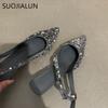 Fashion SUOJIALUN 2025 New Bling Women Sandal Fashion Pointed Toe Shallow Slip On Ladies Elegant Slingback Shoes Med Heel Pumps Shoes