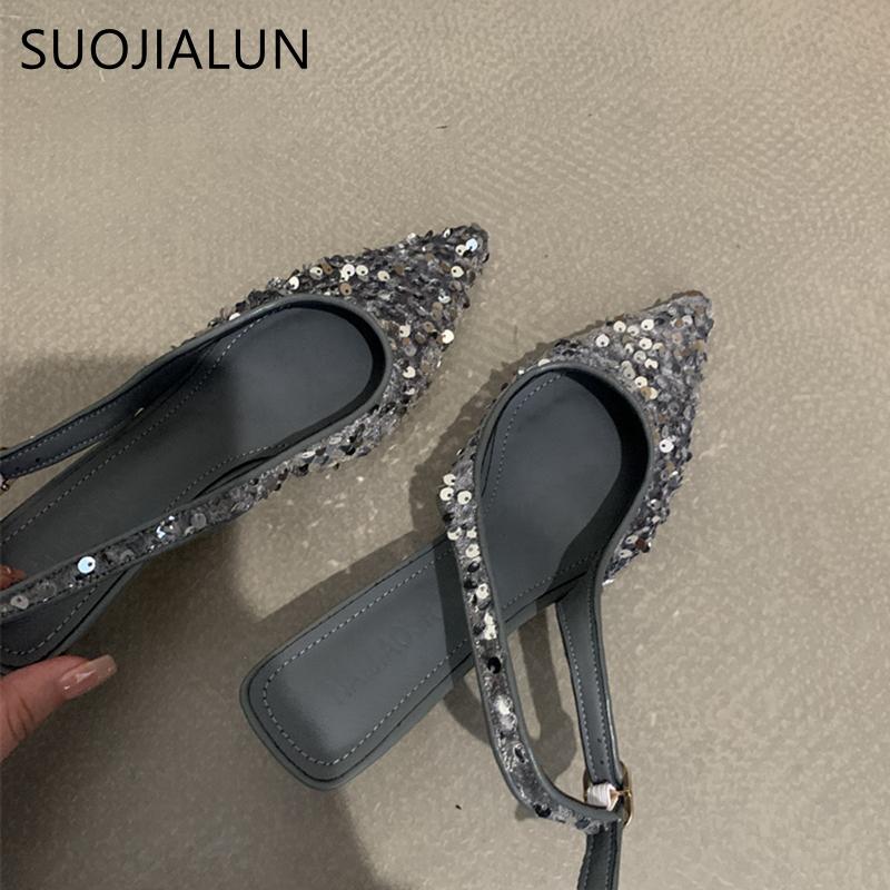 Fashion SUOJIALUN 2025 New Bling Women Sandal Fashion Pointed Toe Shallow Slip On Ladies Elegant Slingback Shoes Med Heel Pumps Shoes