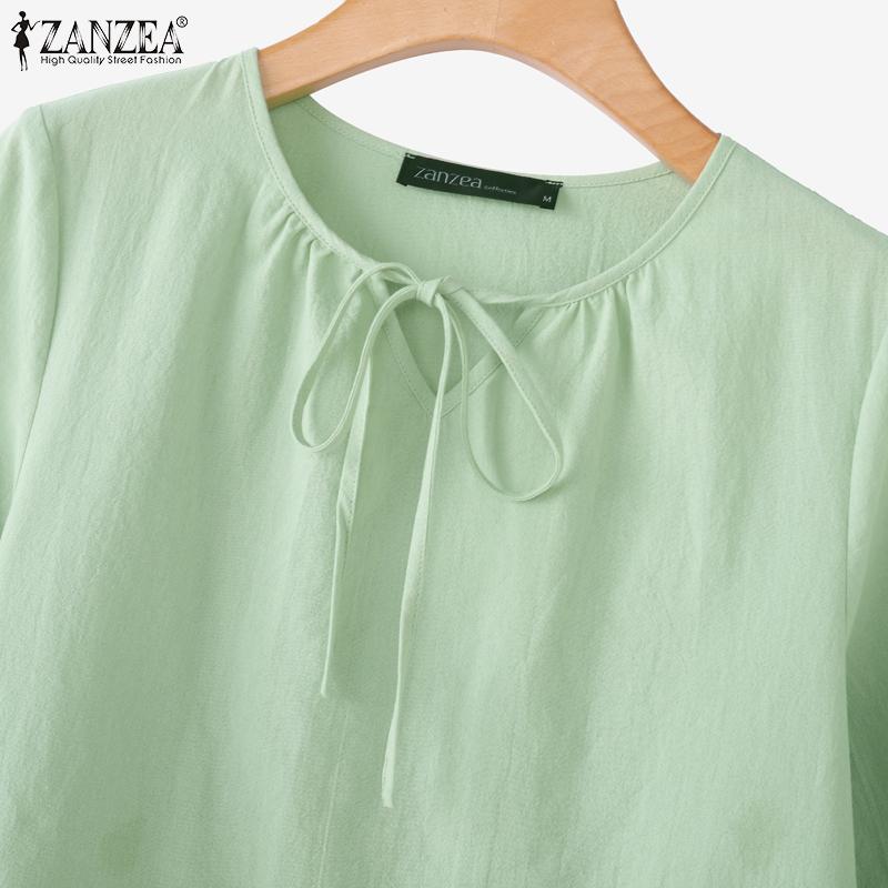ZANZEA Women Casual Round Neck Loose Short Sleeve Cotton Blouse