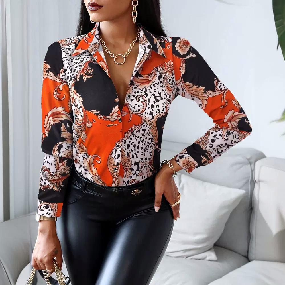 Autumn/Winter Long-Sleeve V-Neck Retro Color Block Shirt 2021