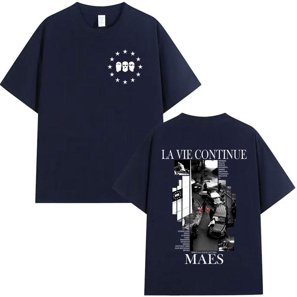 Rapper La Vie Continue Maes Album 2025 Graphic T Shirts Mens Gothic Hip Hop Clothing Tshirts Punk Short Sleeve Cotton Tshirt