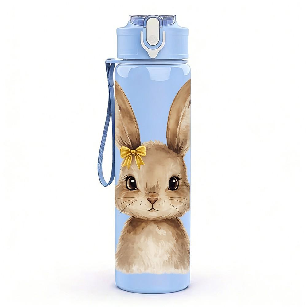 1PC Cute Long Ear Bunny Rabbit Portrait Print 750ml Color Plastic Sports Water Bottle Leakproof Flip Straw Lid Suitable for Sports Office Home Use