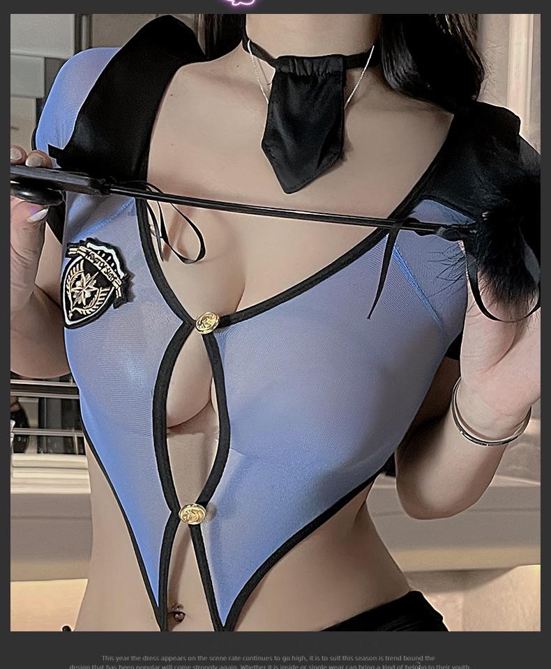 Policewoman Cosplay Lingerie: Sexy V-Neck One-Piece with Hollow Straps and Hip Skirt.