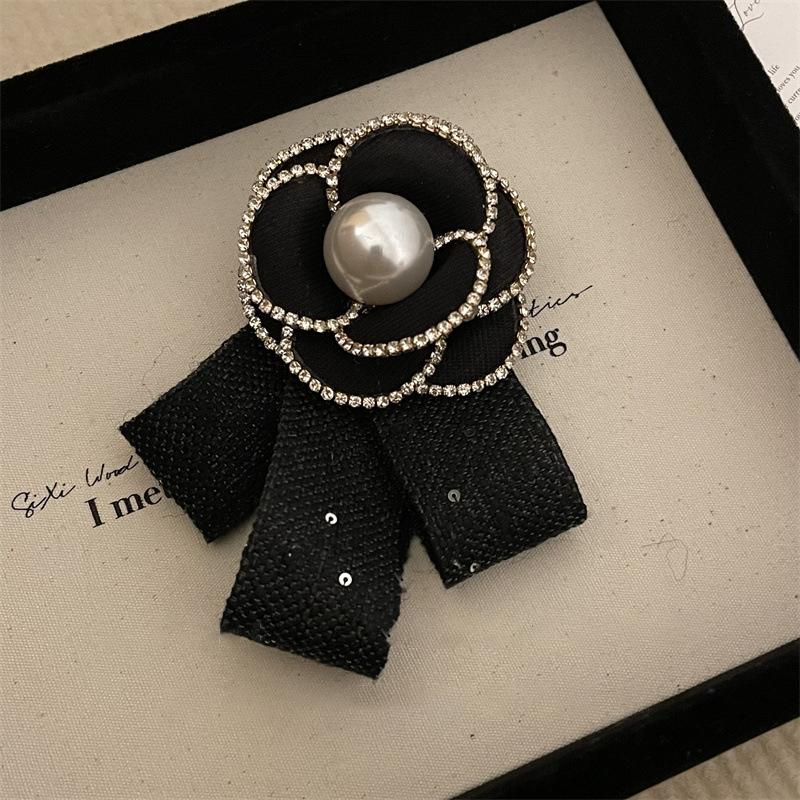 Small Fragrant Shiny Bead Bow Camellia Brooch Black Mourning Bow Tie Brooch