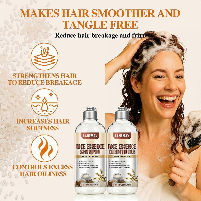 Sada šamponu a kondicionéru s rýžovou vodou, Posiluje a revitalizuje vlasy, Vyživuje poškozené vlasy, Obnovuje lesk, Opravuje lámavost a roztřepené konečky