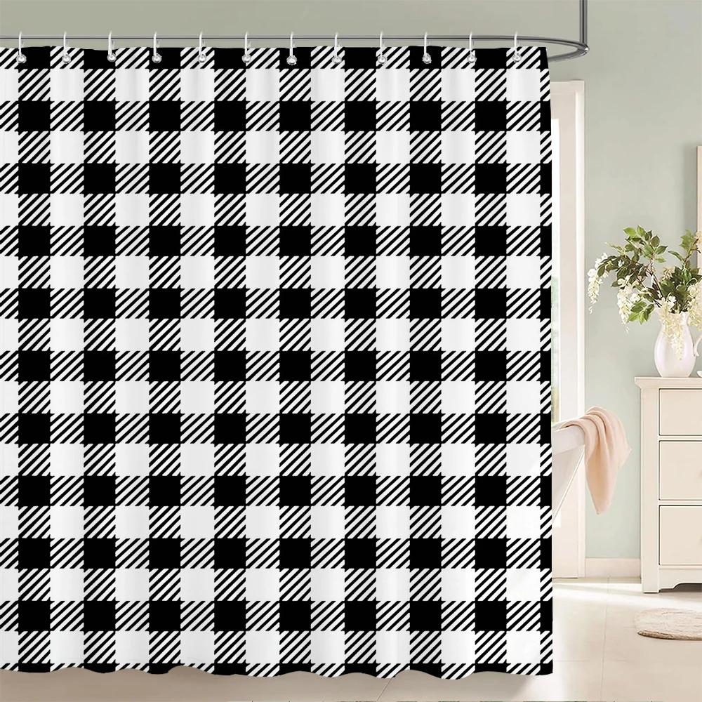 Simple Geometric Pattern Fabric Shower Curtain Bathroom Curtains  Stripes Mosaic Bath Screen Waterproof Polyester with 12 Hooks