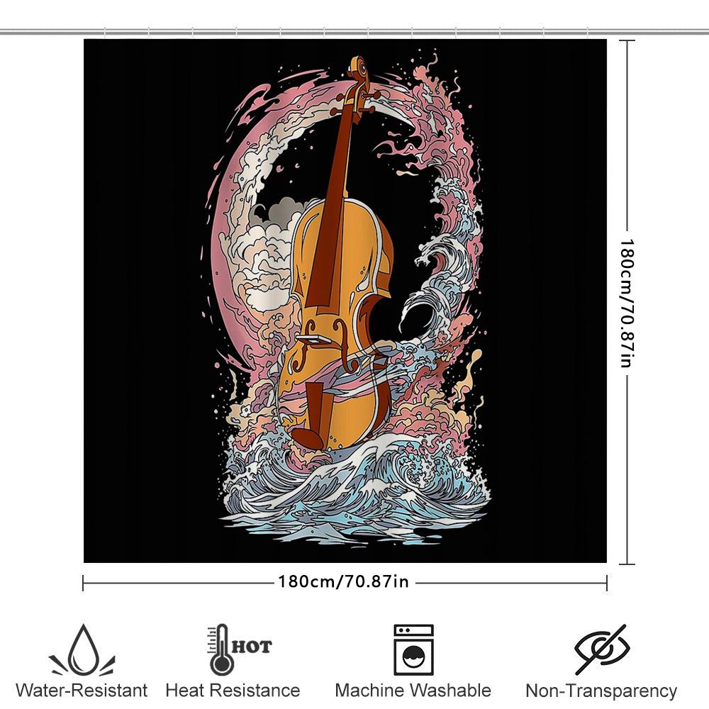 Vintage Violin Ocean Wave Shower Curtain Artistic Music Lover Bathroom Decor Japanese Style Washable Waterproof Tapestry