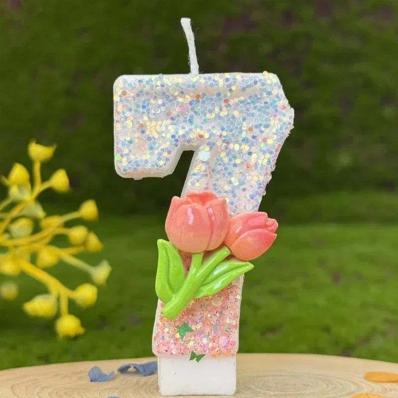 

Розовые свечи с блестками в виде цифр и тюльпанов для украшения торта на день рождения, свеча на годовщину с градиентной расцветкой