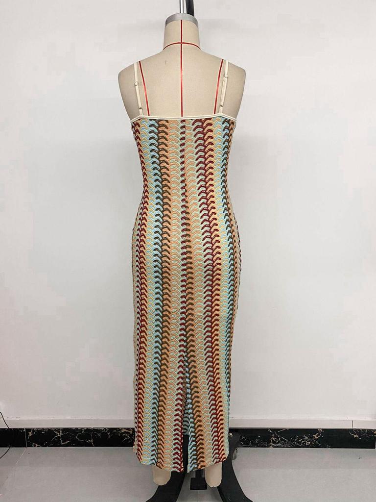 2026 Resort-Style Spaghetti Strap Bodycon Ethnic Striped Knit Dress