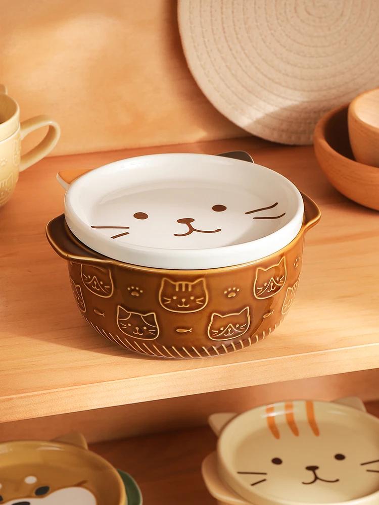 Ceramic Bowls Cartoon Japanese Ceramic Cat Dog Noodle Bowls with Lids Cute Animal Soup Salad Fruit Bowl Box Kitchen Tableware